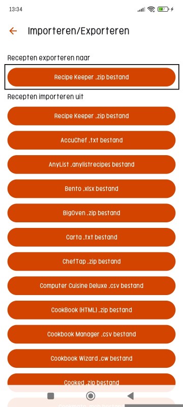 Export Recipes page of Recipe Keeper